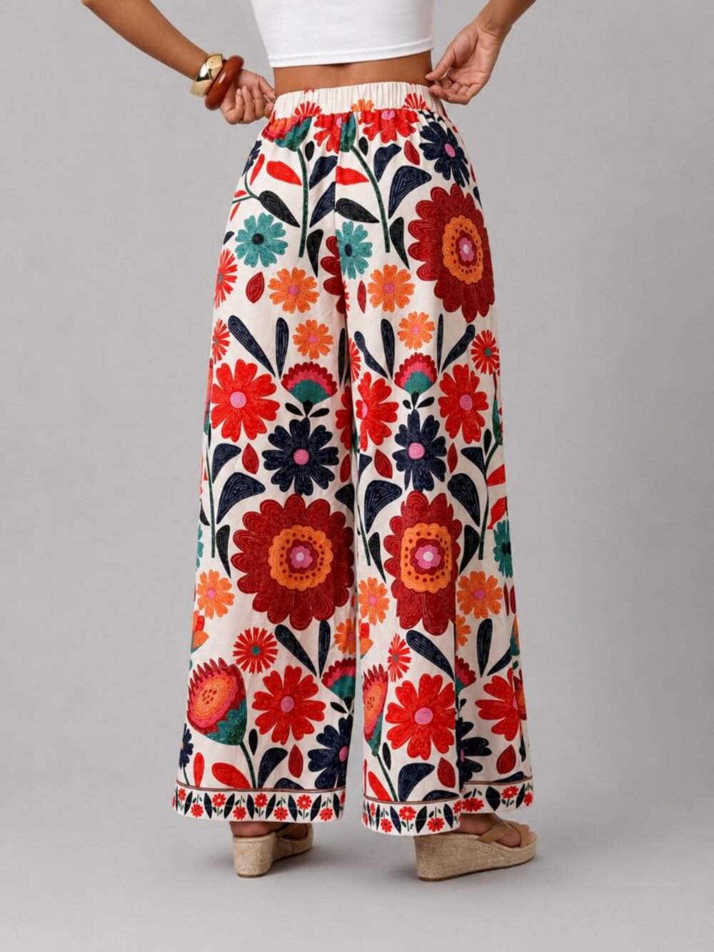 Women’s Petite Boho Floral Wide Leg Pants High Waist Vacation Palazzo Pants - Picture 2 of 4